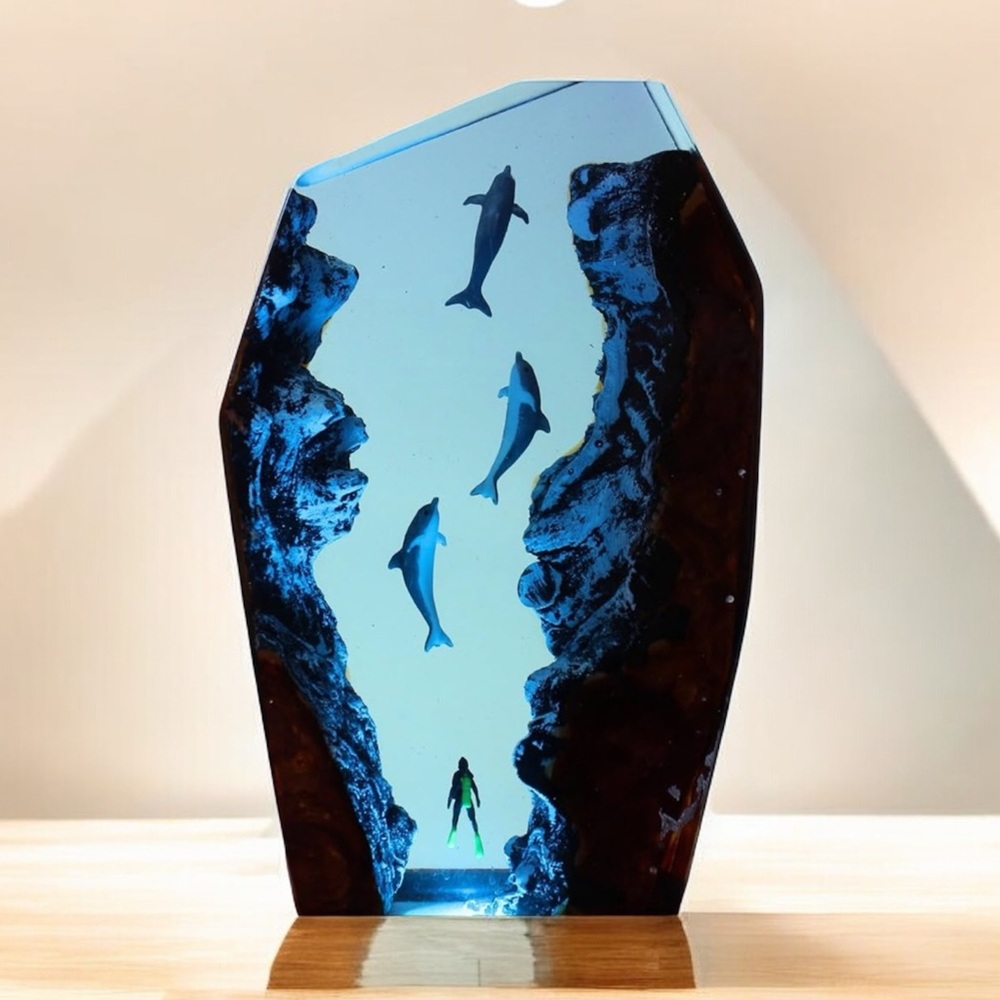 Dolphin 3D Sculpture Ocean Scene Resin Sculpture with Dolphins Lamp Sea FC3 - Picture 4 of 11